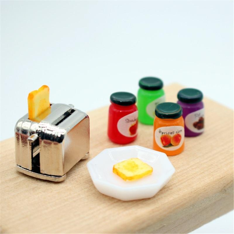 Highly Detailed Miniature Toaster with Jams Model Set Kitchen Scene Display Accessory for 1/12 Dollhouses Decoration