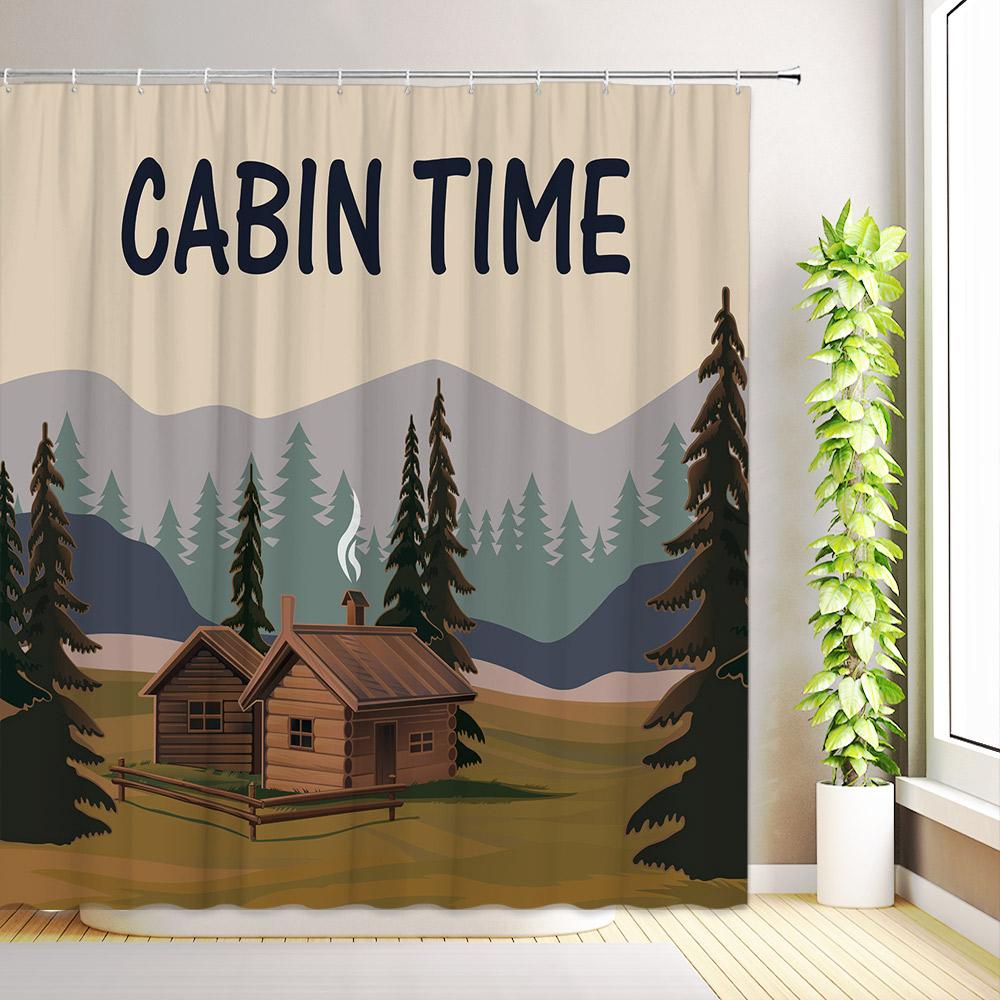 Rustic Cabin Shower Curtain Forest Animal Bear Deer Elephant Woodland Farmhouse Bathroom Decor Fabric Bath Curtains with Hooks