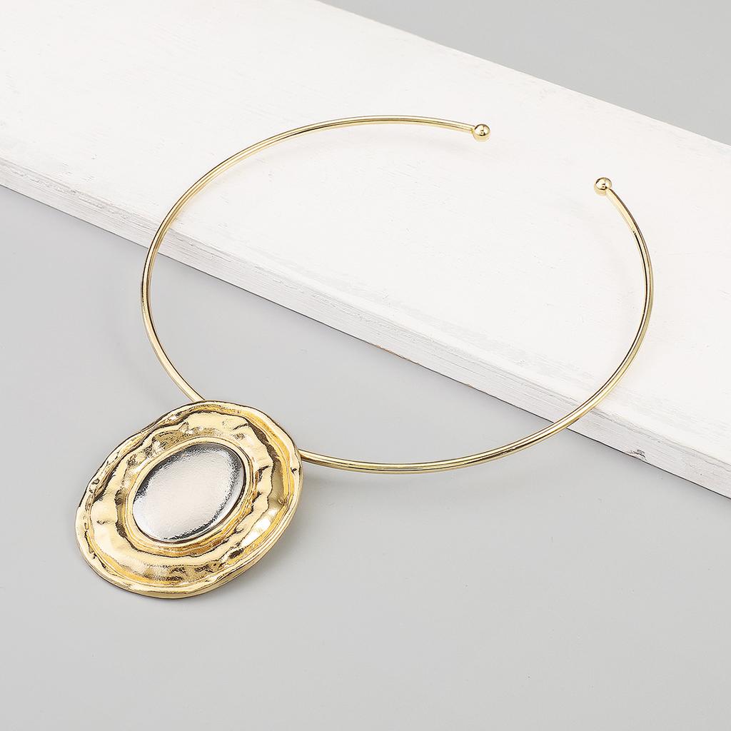 Tooxika Patchwork Oval Mirror Necklace Metal Colour Blocking Pendant Necklace Collar