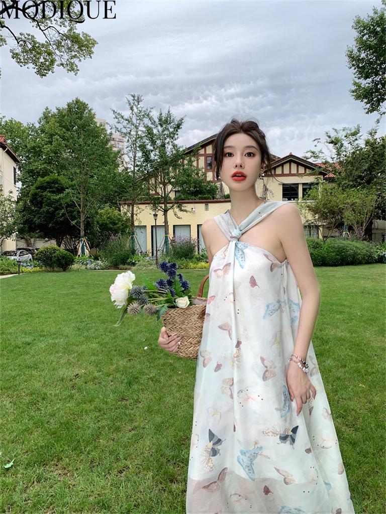 MODIQUE Summer Women Elegant Butterfly Print Casual Beach Backless Mesh Gauze Girly Halter Long Dresses Holiday Lady Fairycore Sweet Atmosphere Dress