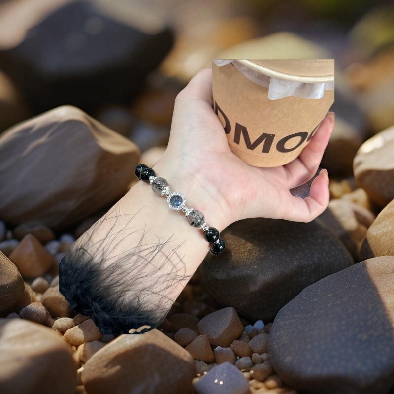 

Natural obsidian and black rutilated quartz bracelet, a gift for men and women for peace and health