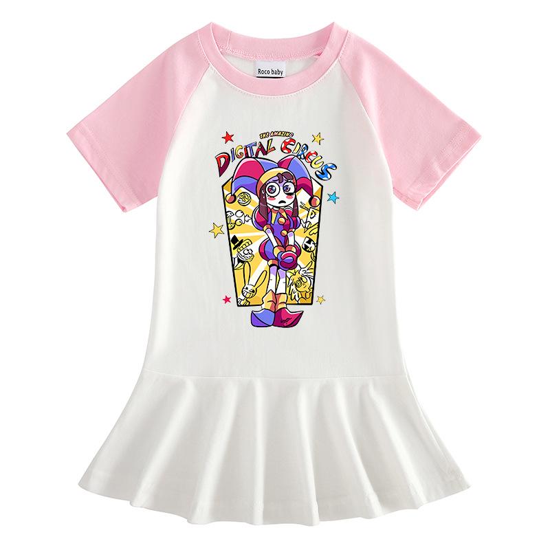 2026 Summer Korean Style Cartoon Short Sleeve Girls' Dress with Color Block and Pleated Skirt
