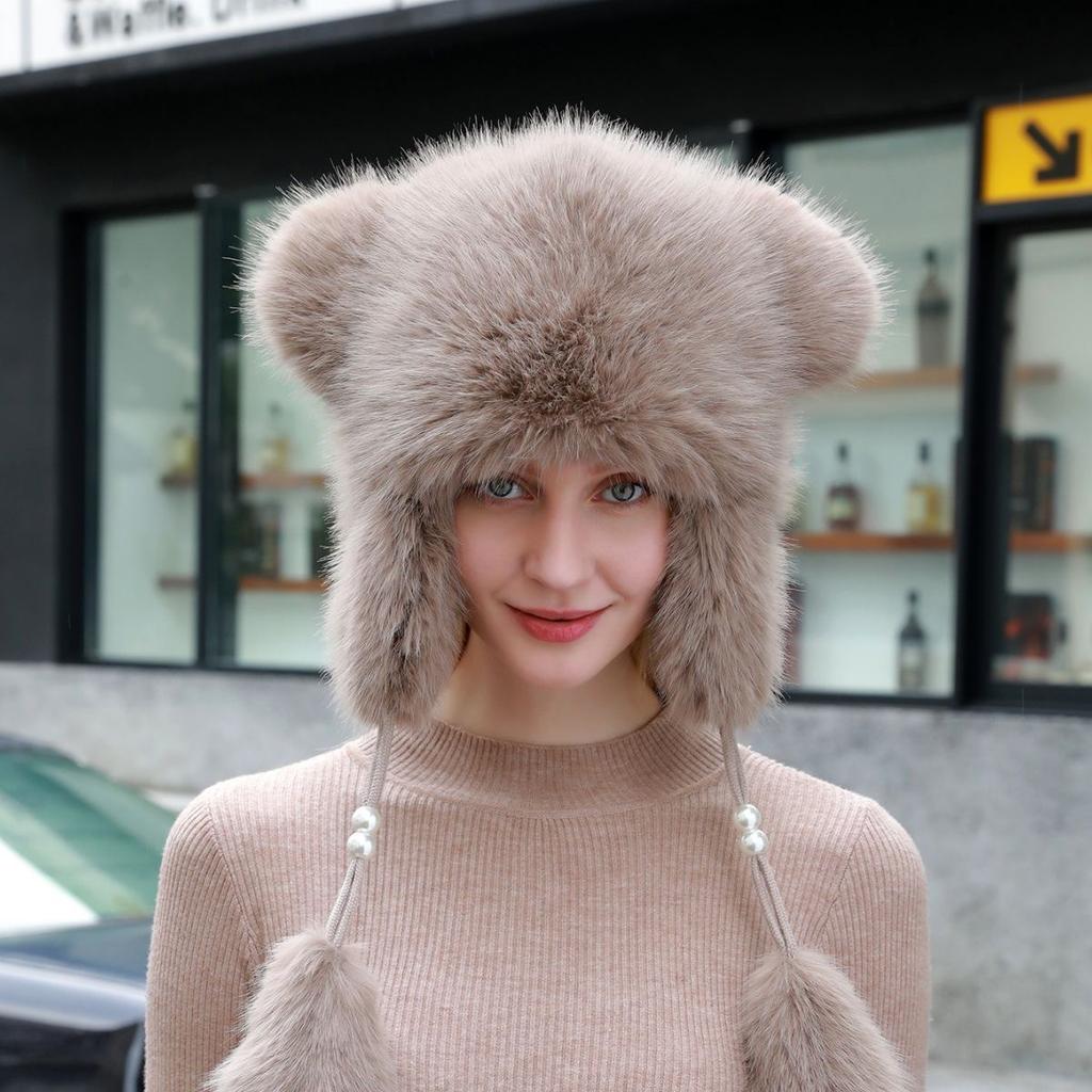 Mao Mao Lei Feng Hat Women's Thickened Warm Hairball Ear Protection Hat Winter Velvet Imitation Fur Fox Hair White Cotton Hat
