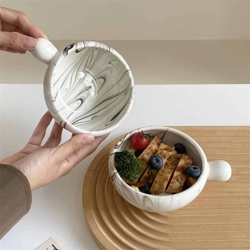 1Pc Creative Patterned Random Ink-Patterned Ceramic Bowl, Round Handle Salad Yogurt Bowl, Exquisite and Elegant Ink-Colored Ice Cream Bowla