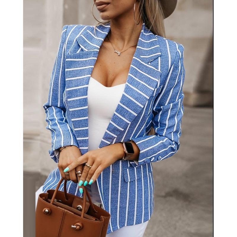 Cross-Border Fashion Fall and Winter New Stripes Print Suit Collar Work Clothing Ol One Button Long Sleeve Suit Outwear Easiest for Match Female