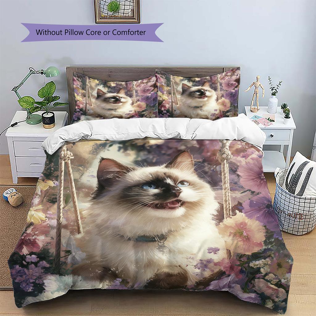 Ragdoll Cat and Fresh Flowers Pattern Bedding Home Decoration Birthday Gift (1 * Duvet Cover + 2 * Pillowcase, Without Core)