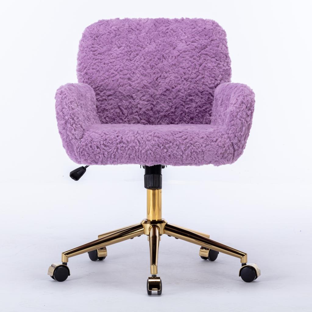 Fluffy Faux Rabbit Hair Vanity Chair, Violet Adjustable Height 360 Degrees Swivel Home Office Chair with Armrest, Golden Metal Rolling Base,DE1831VT