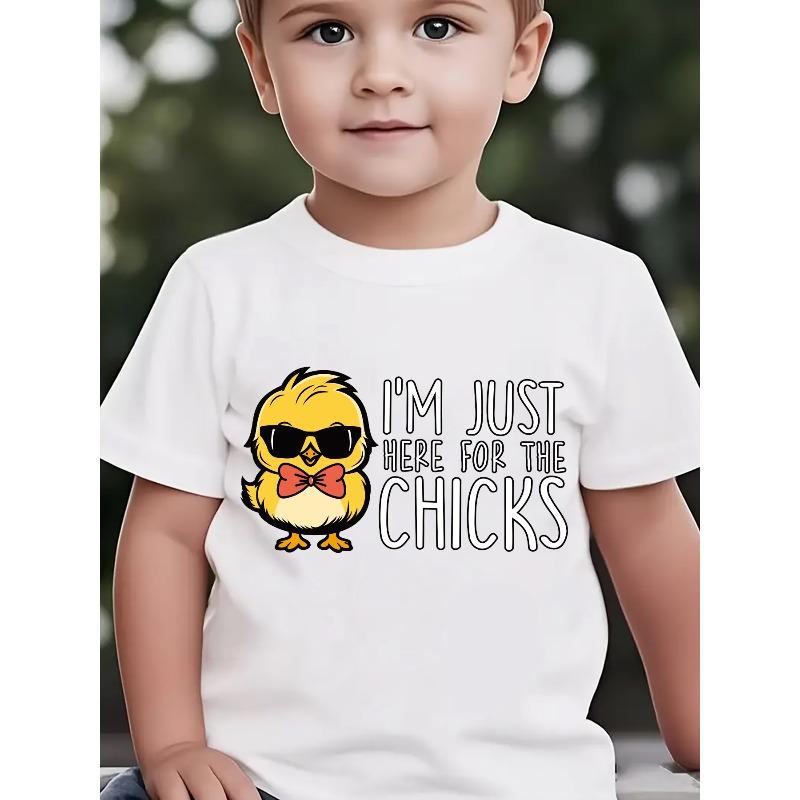 European size Boys round neck short sleeved T shirt with cartoon chicken pattern print 98cm белый