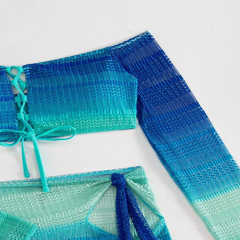 Cikini Knitted Strapless Long Sleeve Bikini Set Top Triangle Swimwear Bottom Hollow Out Skirt Bikini Set 3pcs,Summer Beach