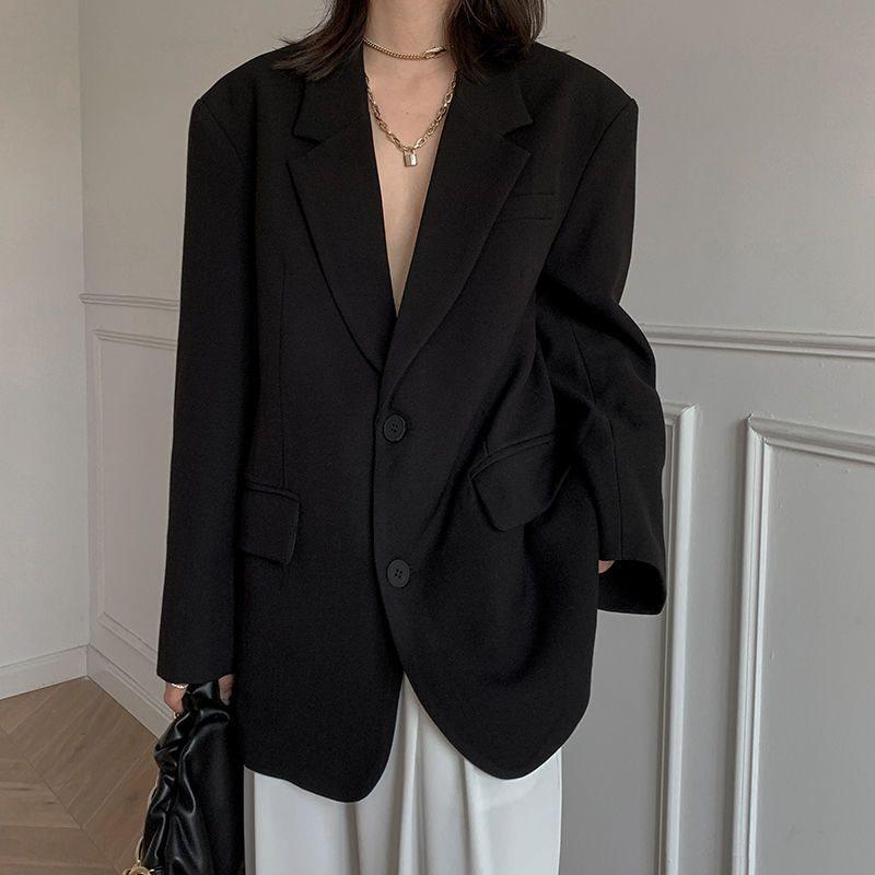 Women's Black Sense Blazer - Korean British Style Influencer, Plus Size, Spring/Autumn Professional Wear