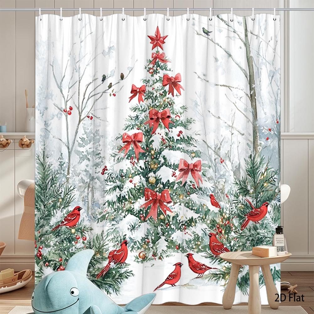 1Pc Red Cardinal And Cedar Tree Pattern Shower Curtain, Polyester Fabric, Machine Washable, Suitable For Bathroom Decoration