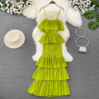 Damen Hotsweet Chiffon Sommerkleid Träger Kuchen Rückenfrei Etui Bodycon Langes Kleid Urlaub Retro Elastisches Strandkleid