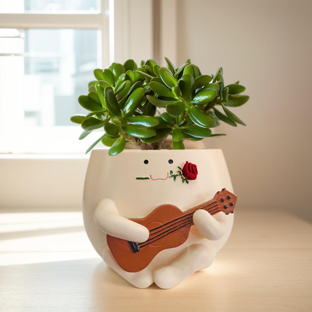 Cache-pot tête fleur mignonne unique en résine, pot de plante guitare mignonne, pots à succulentes uniques chaise longue pour plantes d'intérieur et d'extérieur