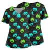 Women V Neck Scrub Top with Pockets Short Sleeve Side Split Hem Halloween Print Floral Pattern Comfortable Fit Medical Uniform