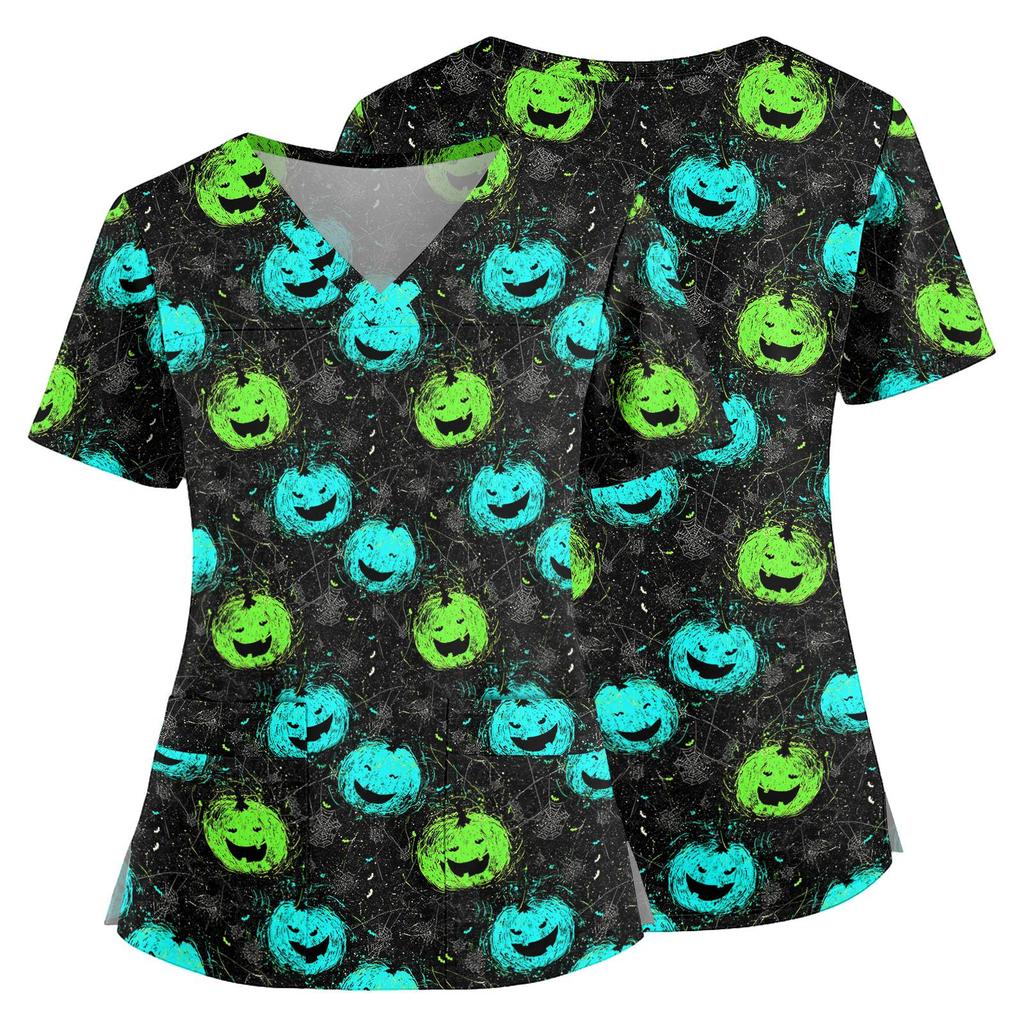 Women V Neck Scrub Top with Pockets Short Sleeve Side Split Hem Halloween Print Floral Pattern Comfortable Fit Medical Uniform