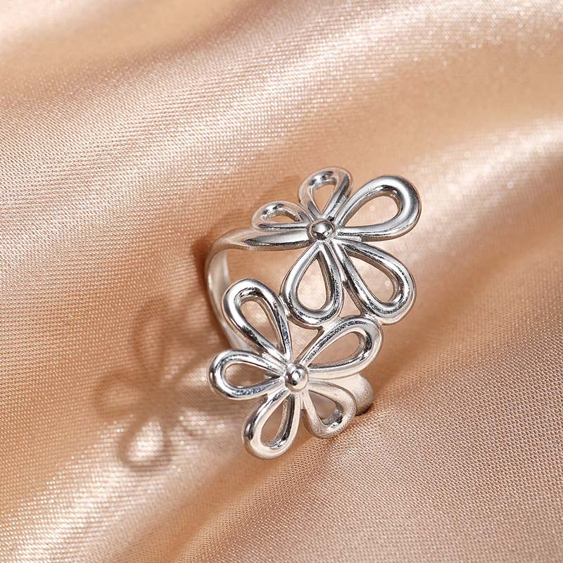 Stainless Steel Metal Hollow Flower Open Ring For Women Minimalist Gold Color Irregular Geometric Adjustable Finger Ring Jewelry
