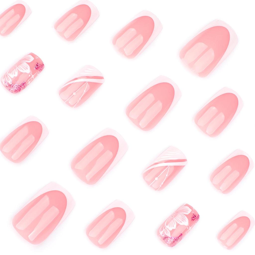 3D Diagonal Stripe Wearable Nail Art with White Flower - Medium Short Square Nail Tips for Europe and America