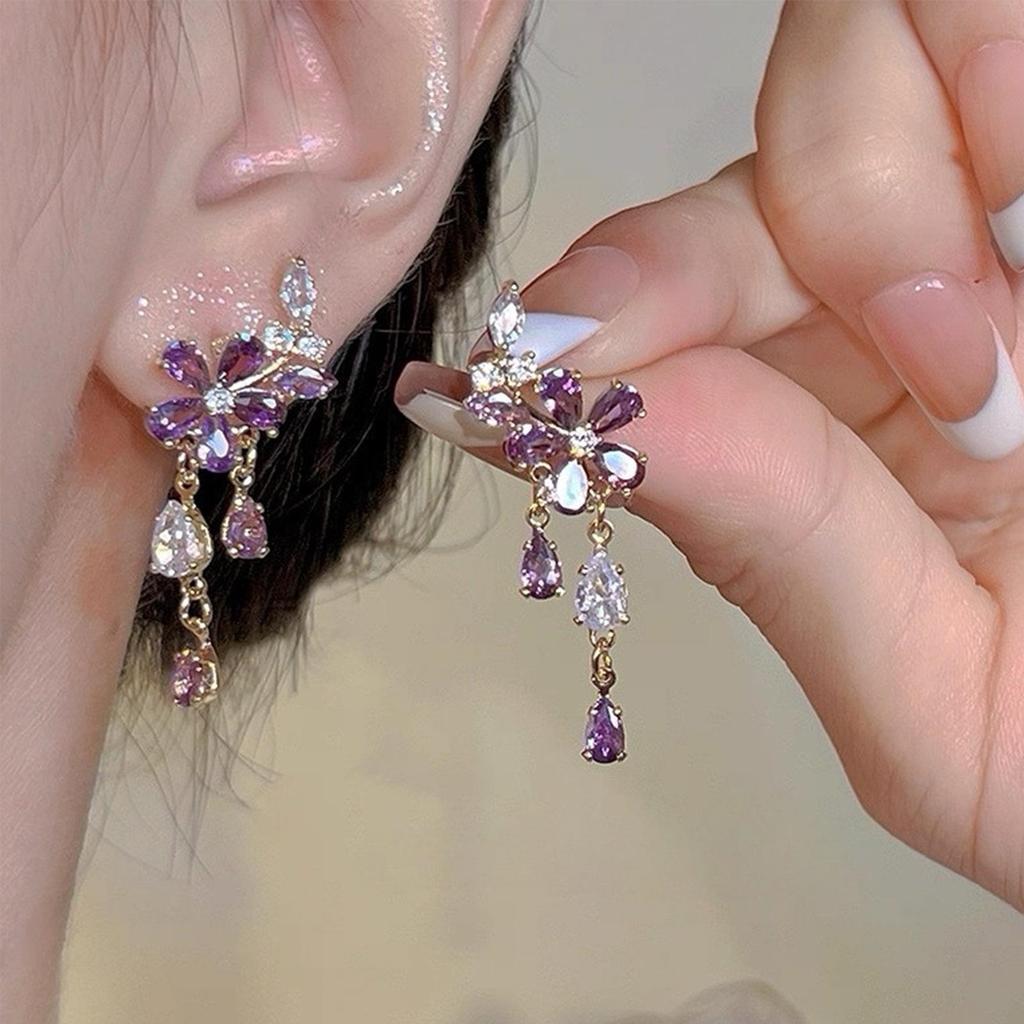 French Purple Zircon Flower Stud Earrings - Exquisite Retro Tassel Design