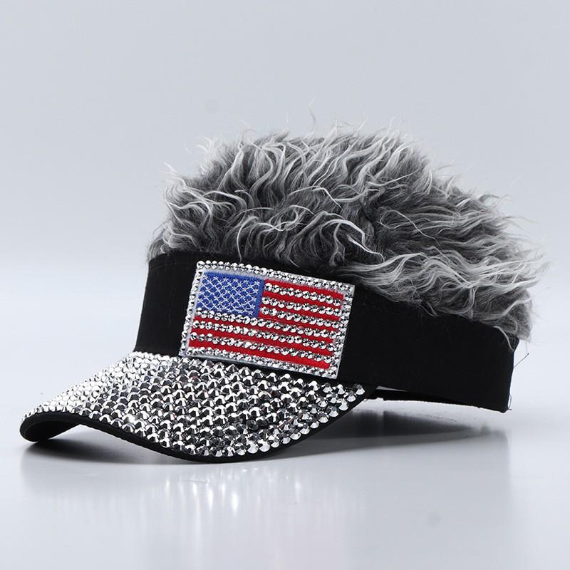 Colorful Flag Simulation Wig Baseball Cap Fashion Rhinestone Sun Visor