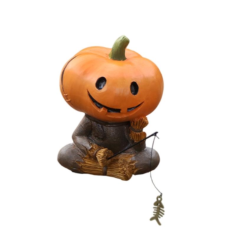 Pumpkin Scarecrow Statue With Fishing Accent  Fishing Figure Miniature Resin Art For  Indoor Festive Display 1