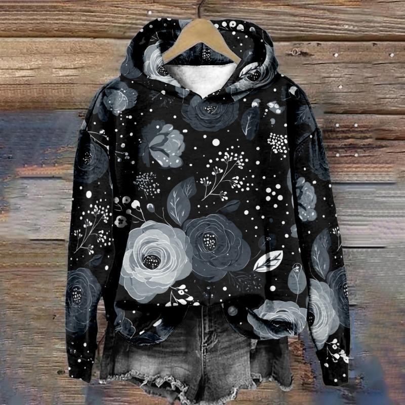 Women's Floral Hoodie Hipster Winter Pullover Harajuku Loose-Fit Casual Sweatshirt Cozy Fleece-Lined Jacket Casual Streetwear