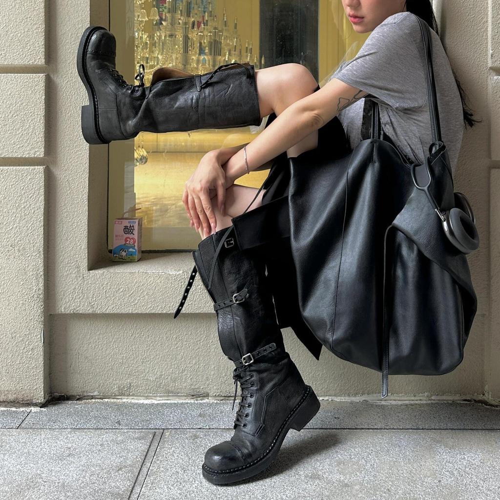 Cowhide Version~ Genuine Leather Thick-soled Martin Boots Women's Tall Thick-heeled Knight Boots Fat Mm Large Tube Circumference Boots