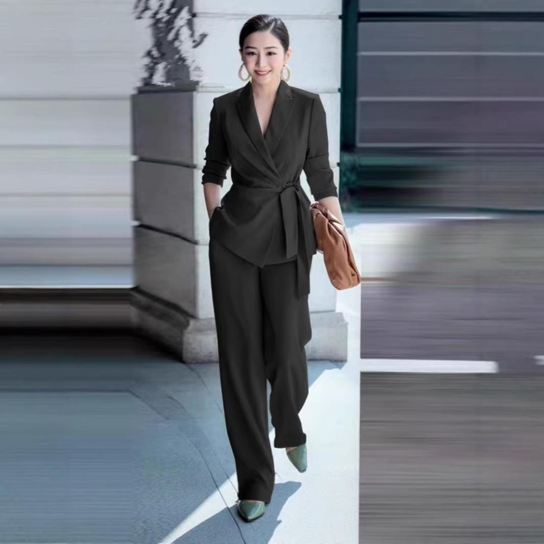 

Women s Light Green V-Neck 3/4 Sleeve Belted Suit Set with Wide Leg Pants 5XL чорний