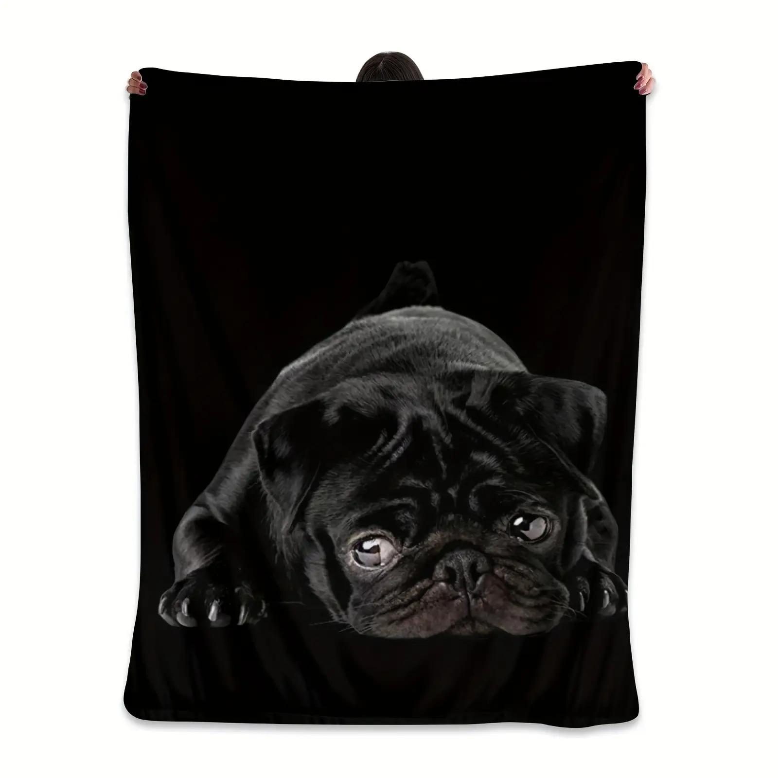 

A cute black pug dog Flannel printed blanket suitable for all seasons suitable for living room office sofa and travel 180x250CM 75x90cm