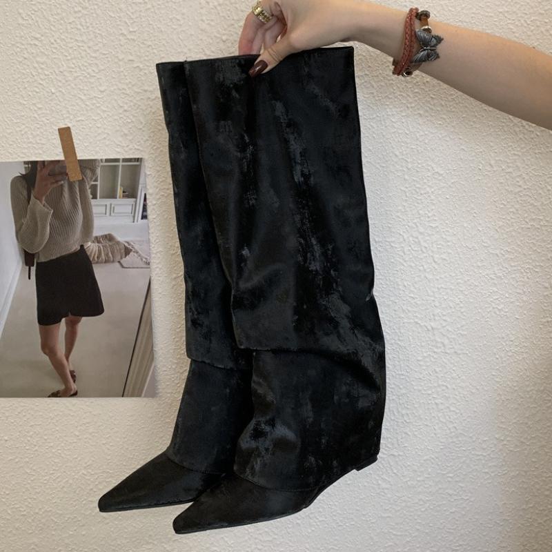 Fashion New Design Pleated Wedges Women Knee-High Boots Autumn Winter Pointed Toe Long Booties Fashion High Heels Ladies Shoes