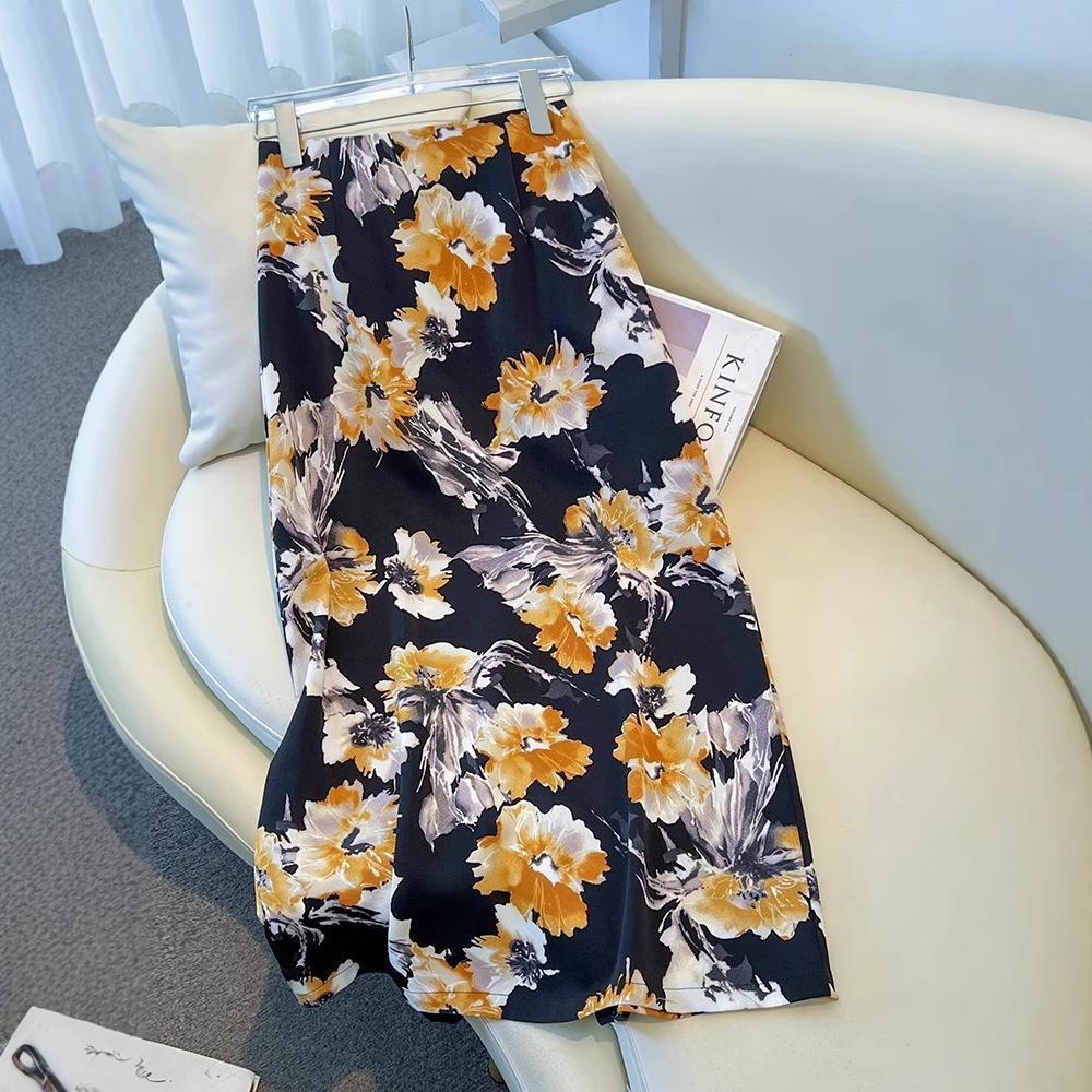 

2025 Women s High-Waisted Satin Floral Midi Skirt - Summer A-Line Pencil Design M fits 95-105 lbs