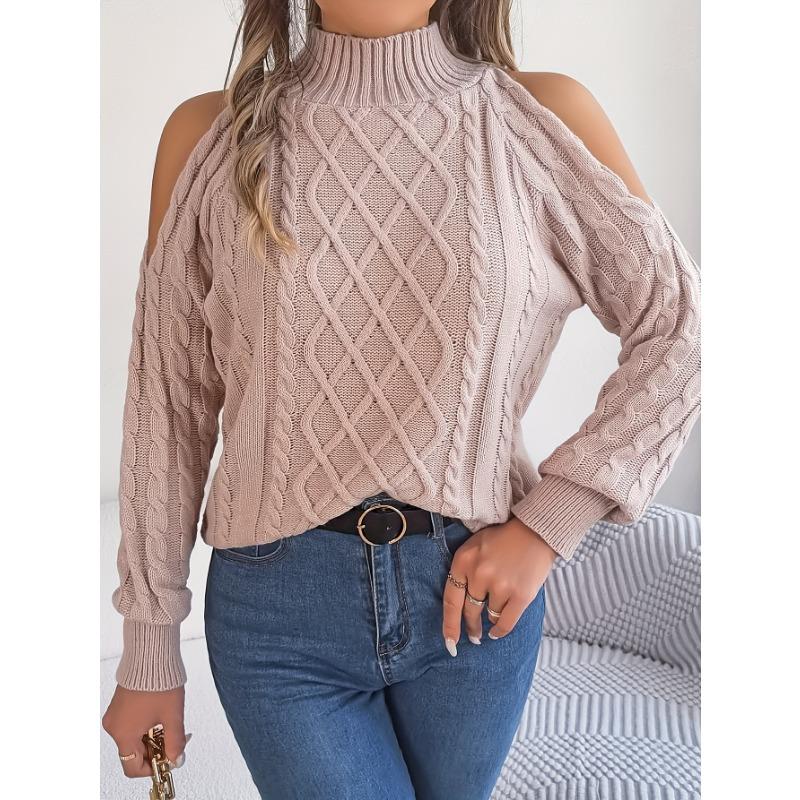 Women's Off-Shoulder High Neck Cable- Sweater - Soft Stretchy Long Sleeve Pullover, Solid Color Casual Chic Fall Winter Top, Highneck Pullover