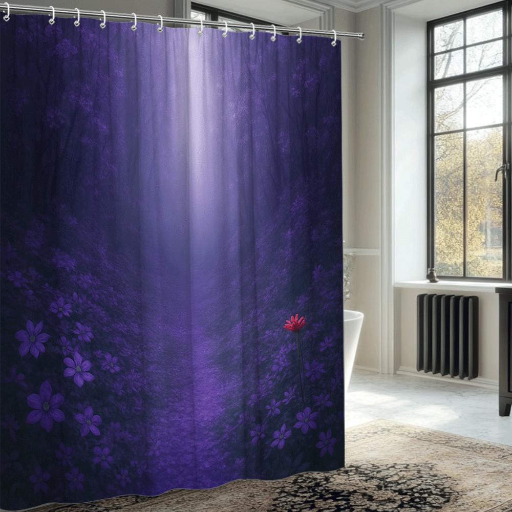 Lila Wald Duschvorhang Mystischer Lichtpfad Blumenwiese Naturszene Traumhafte Badezimmerdeko Wasserdicht Kostenlose Haken Enthalten