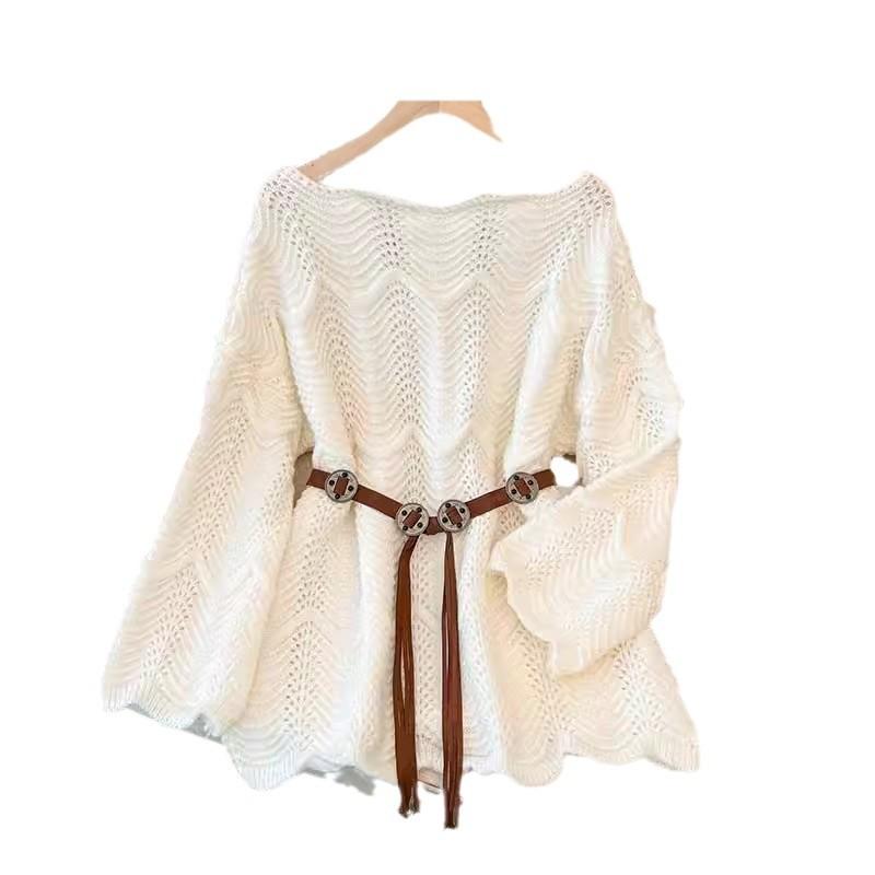 Spring and Autumn Mid To Long Loose Sweater Gentle Wind Lace One Shoulder Knitted Sweater for Women