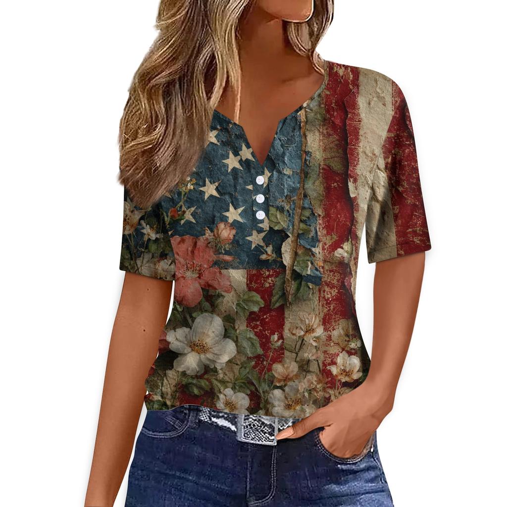 Women's T Shirt Tee Print Button Short Sleeve Daily Weekend Fashion Basic V- Neck Regular Top