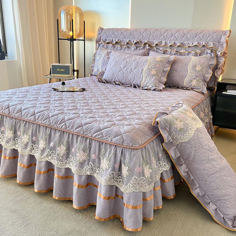 

3 предмета Однотонный Светло-бежевый Дружелюбный Многослойный Стеганый Комплект Юбки для Кровати с Высокой Кружевной Отделкой, 1 шт. Юбка для Кровати + 2 шт. Наволочки 150*200CM