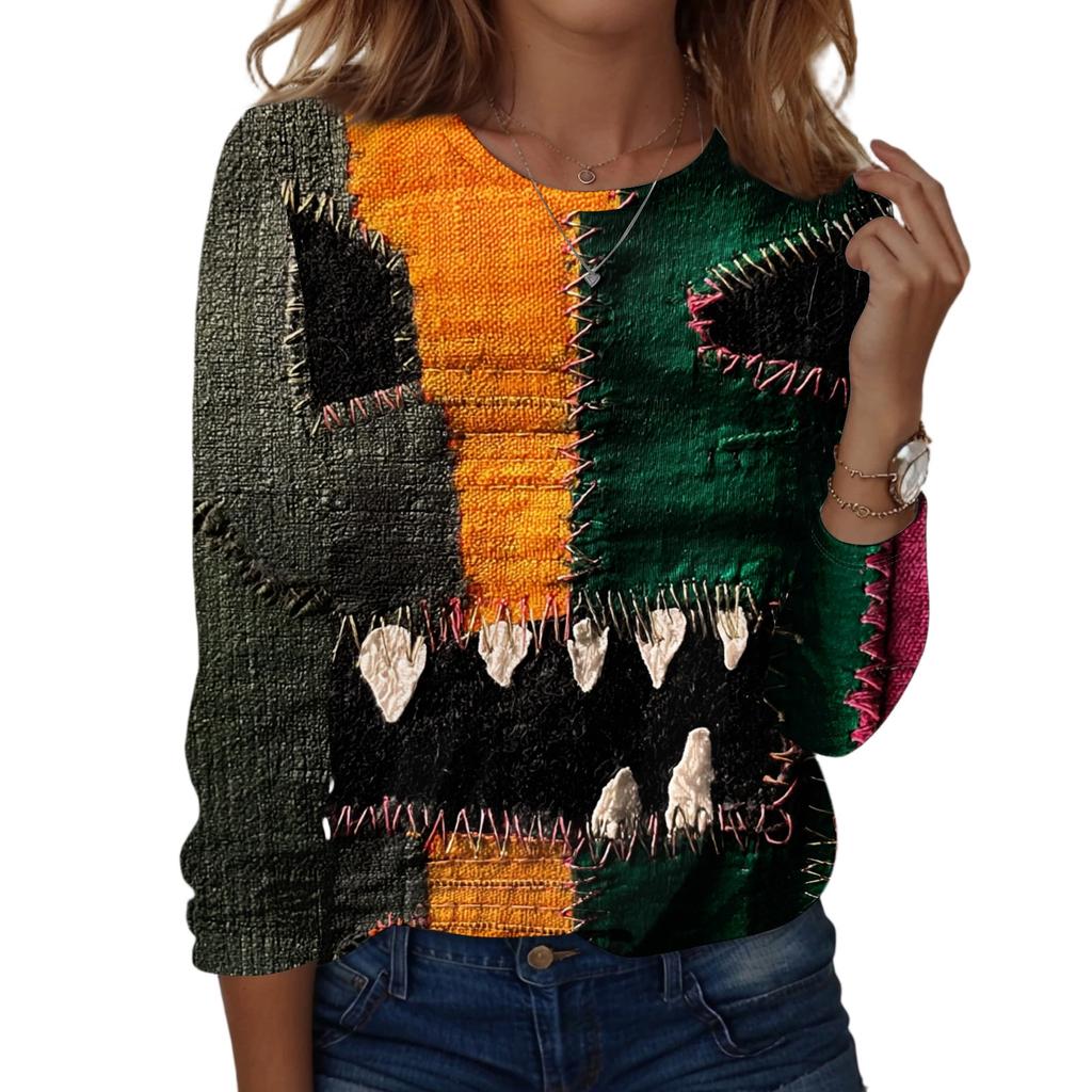 Women's Halloween Long Sleeve Printed Crewneck T-Shirt, Casual Fall Top