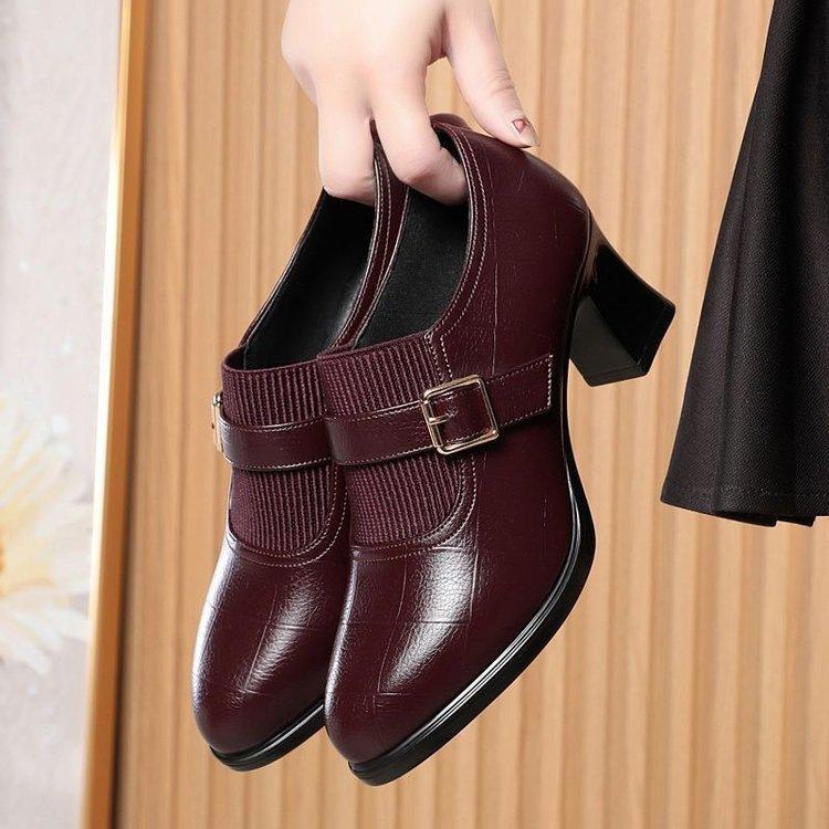 Elastic Fly-woven Pointed Deep-mouth Thick-heeled Single Shoes Autumn Retro Medium-heeled Small Leather Shoes