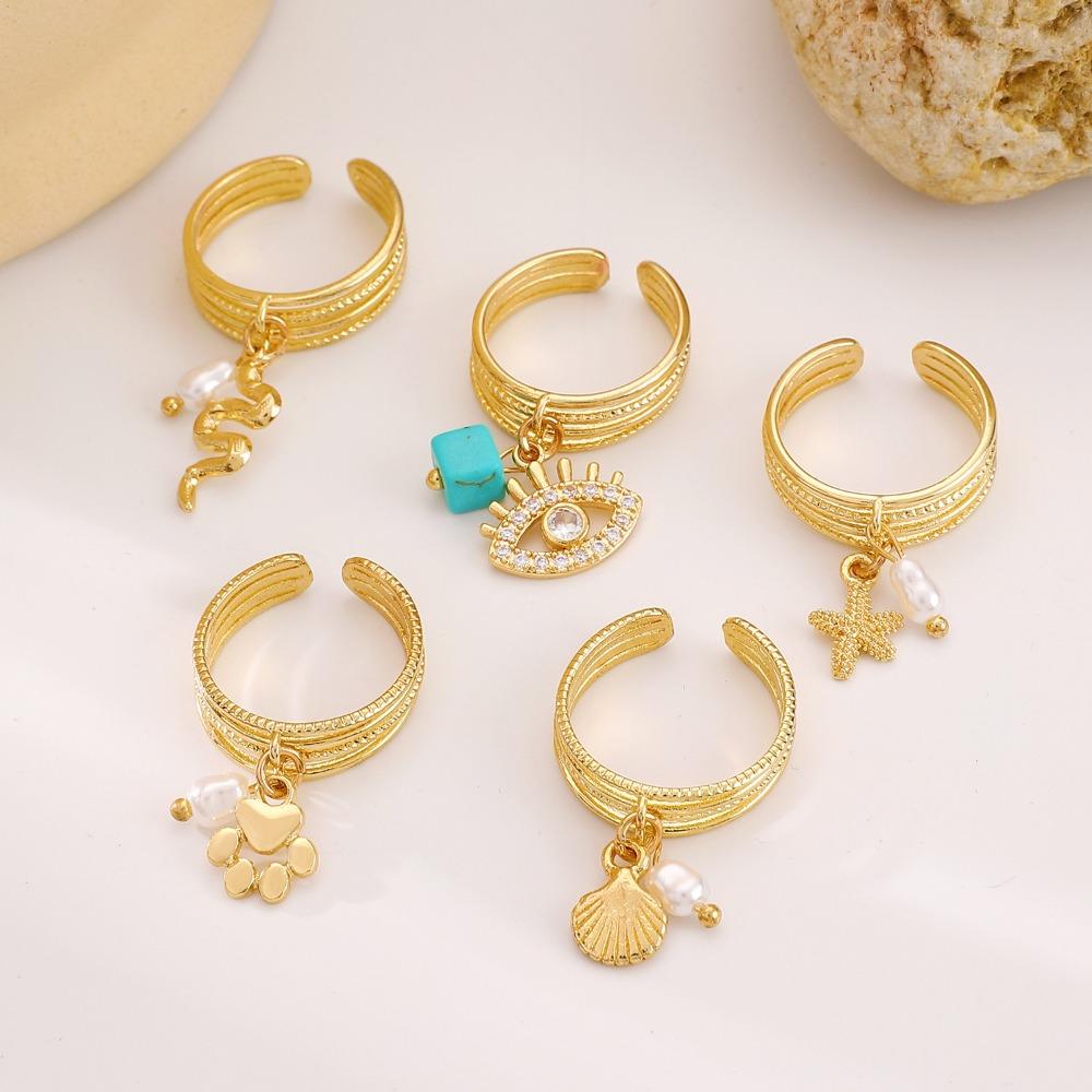 Luxury Design Baroque Pearl Eye Snake Pendant Rings for Women Retro Charm Gold Color Zircon Starfish Shell Finger Jewelry Gift