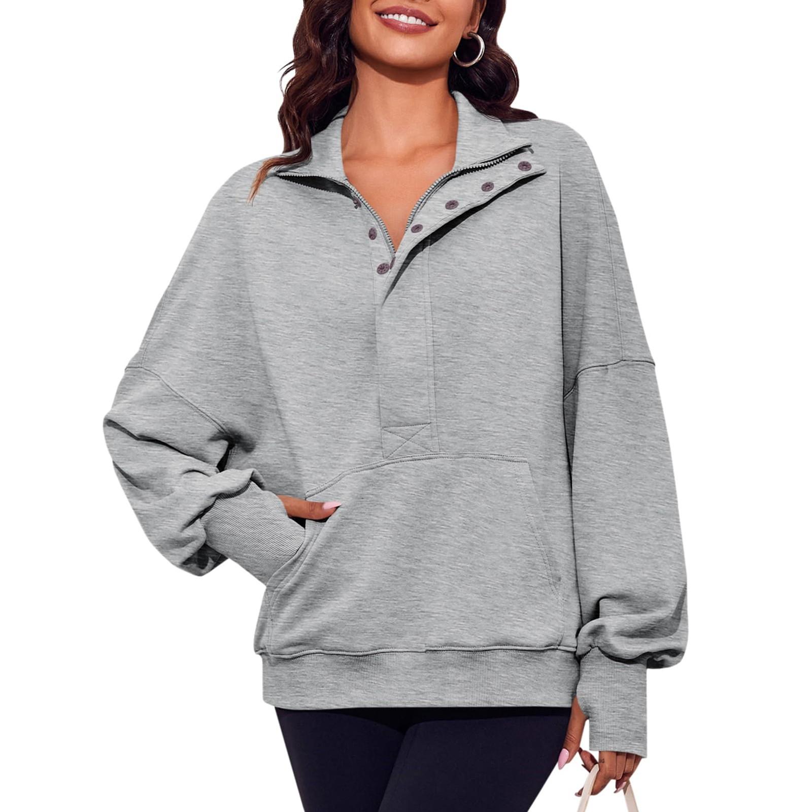 

Женские толстовки большого размера на молнии с половиной молнии, повседневные свободные пуловеры с длинными рукавами, туники, топы с карманом S серый