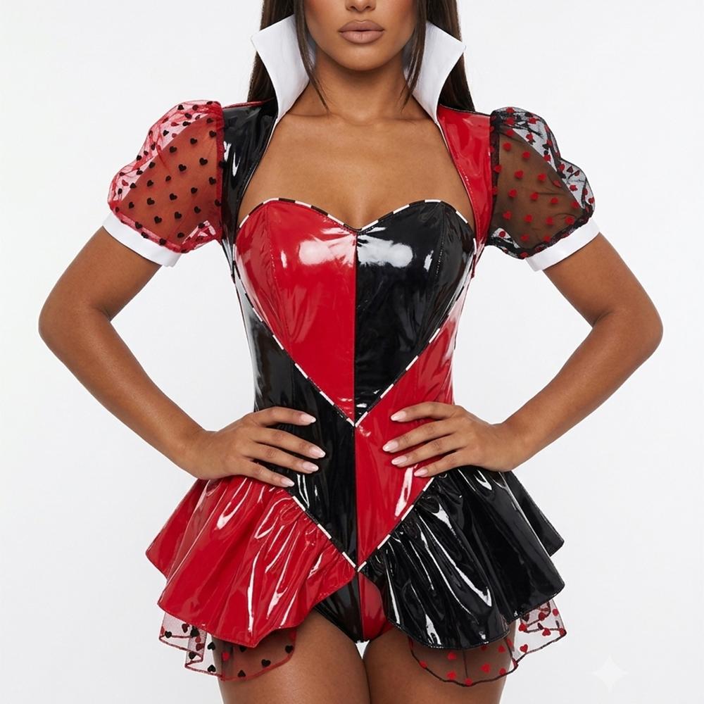 3PCS Halloween Red Queen Cosplay Costume Sets Bodysuits+Polka Dot Short Sleeve Cape And Stand Collar Neck Fancy Party Outfits