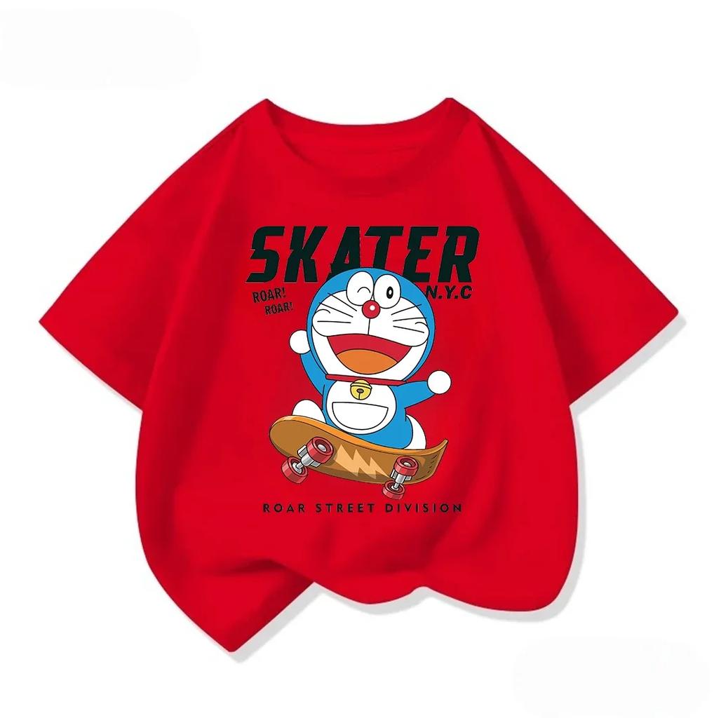 Cute Children Crew Neck T Shirt Summer Fashion Cartoon Print Trendy Street Casual Tops Doraemon Boys Girls Outfit 314Y