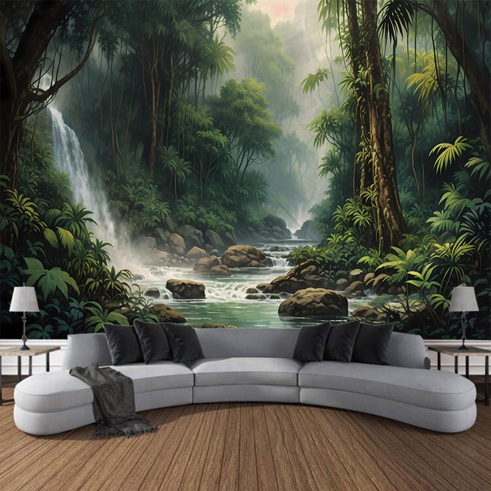 Tapestry wall hanging, home decoration, jungle waterfall, flower forest, room wall background, living room, bedroom decoration