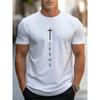 Camiseta Esportiva Masculina de Verão 100% Algodão Moda Casual Solta Estampa Grande de Cruz e Letras de Jesus Gola Redonda Manga Curta