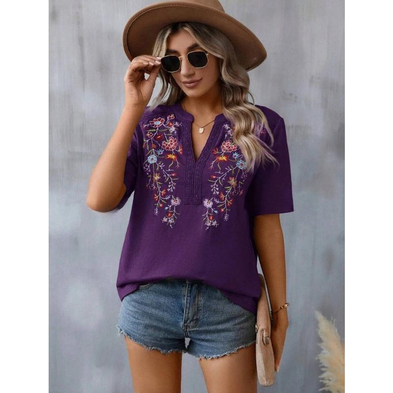

Summer Fashion Five-quarter Sleeve Top with Multi-needle Embroidery and Lace Trimming Women s T-shirts XXL фиолетовый