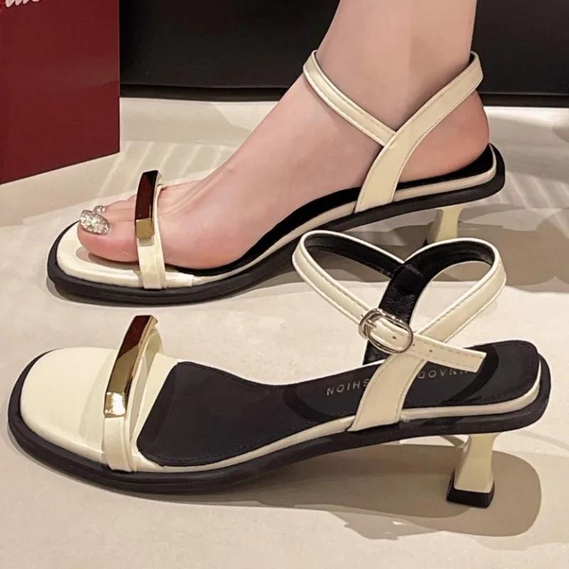 Summer New Hollow Designer Simple Solid Color Narrow Strap Sandals Casual Comfortable Breathable Open Heel High Heels 35-40 Size