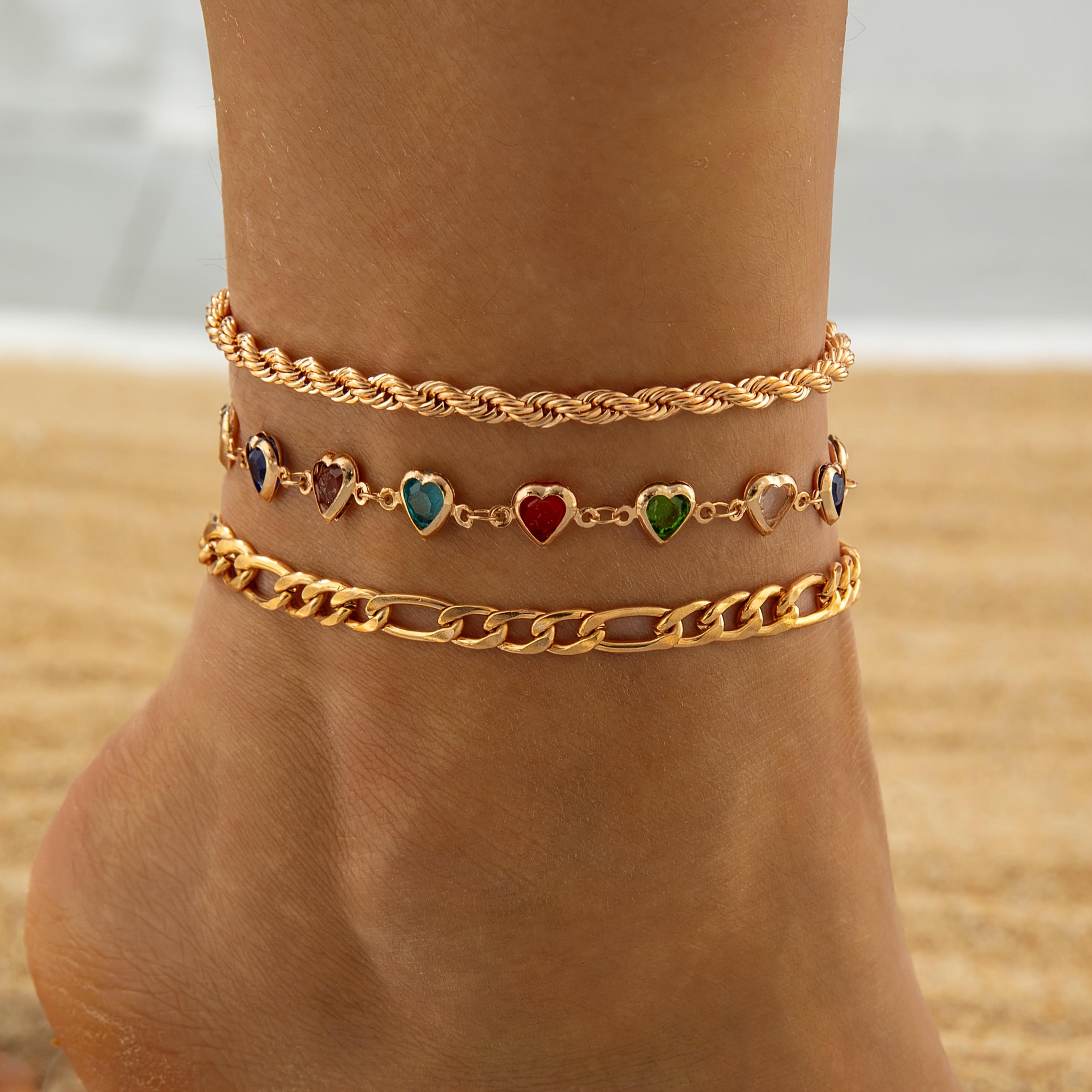 Набор из 3 шт. Элегантный Модный Цветной Браслет на Лодыжку с Подвесками в Виде Сердечек (Красное Сердце, Персиковое Сердце) и Кисточкой, Многослойный Собираемый Металлический Скрученный Браслет Набор Бижутерии