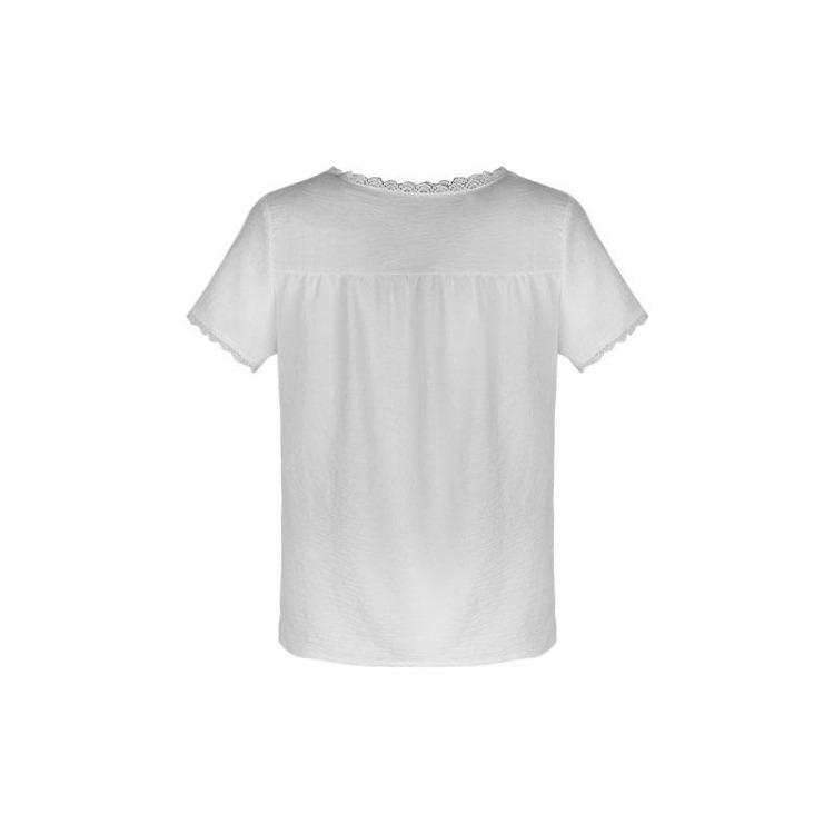 Summer Women White Lace Panel V Neck Short Sleeve Loose Blouse Shirt