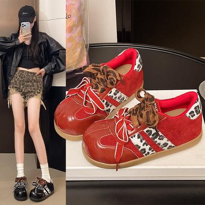 Double Lace-up Women's Shoes Early Autumn Style 2025 Autumn Popular Fashion Inner Height Increase Versatile Leopard Print Casual Moral Training Shoes