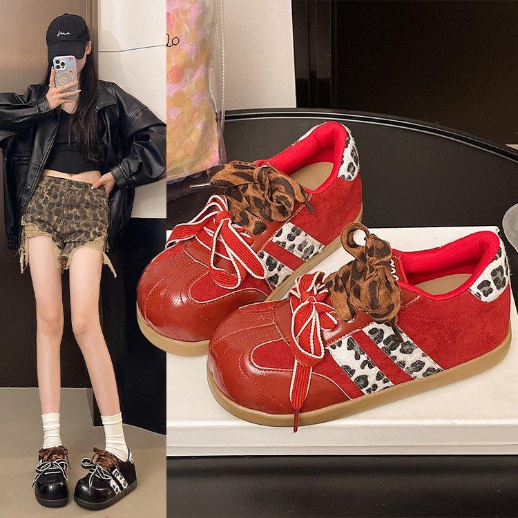 Double Lace-up Women's Shoes Early Autumn Style 2025 Autumn Popular Fashion Inner Height Increase Versatile Leopard Print Casual Moral Training Shoes