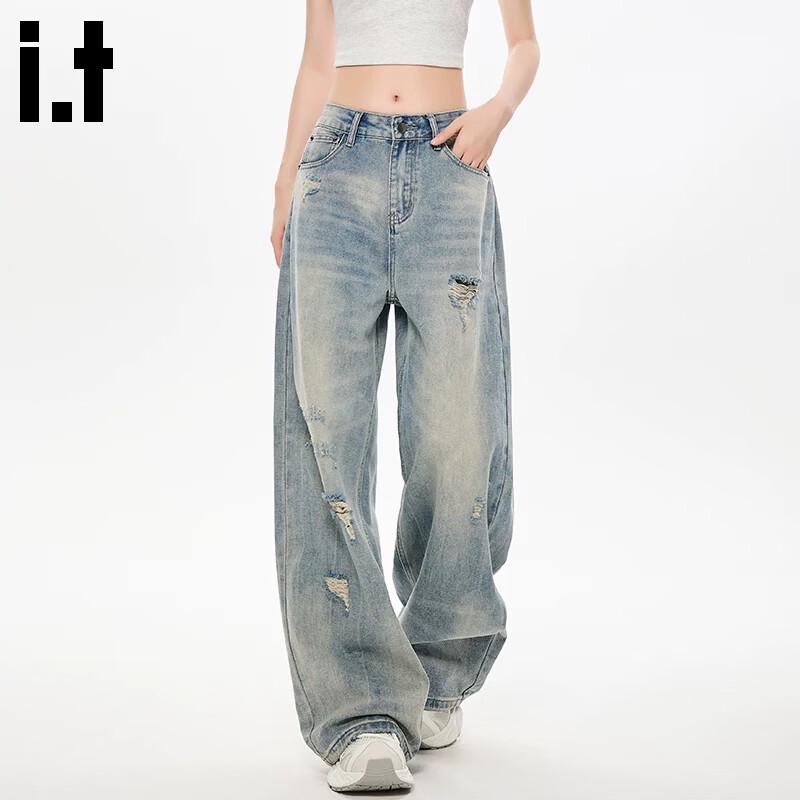 CHOCOOLATEit High-Waist Distressed Wide-Leg Jeans L